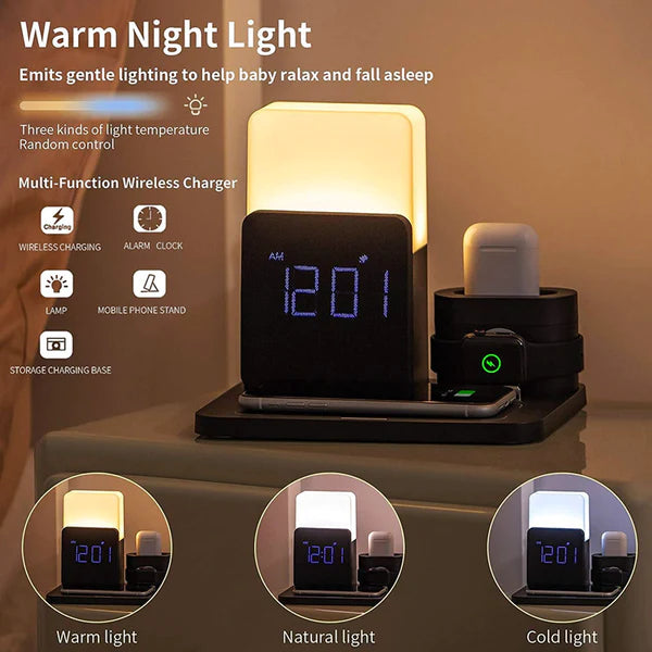 BrightStarAngel™ Fast Wireless Charger Station & Lamp With Alarm Clock 4 in 1